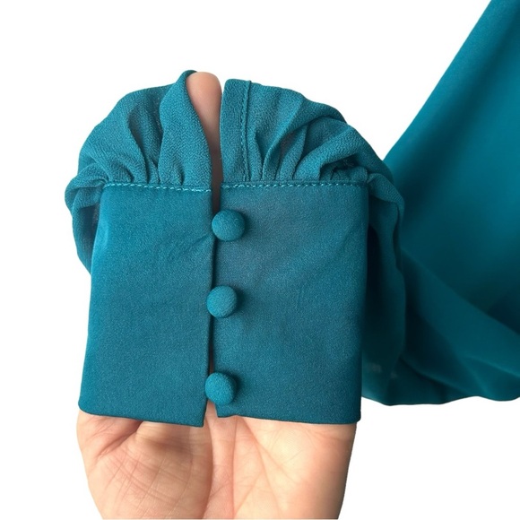 NAKED ZEBRA Teal Blue Faux Wrap Front Tiered Sheer Sleeve Mini Dress Size Medium - Picture 6 of 10